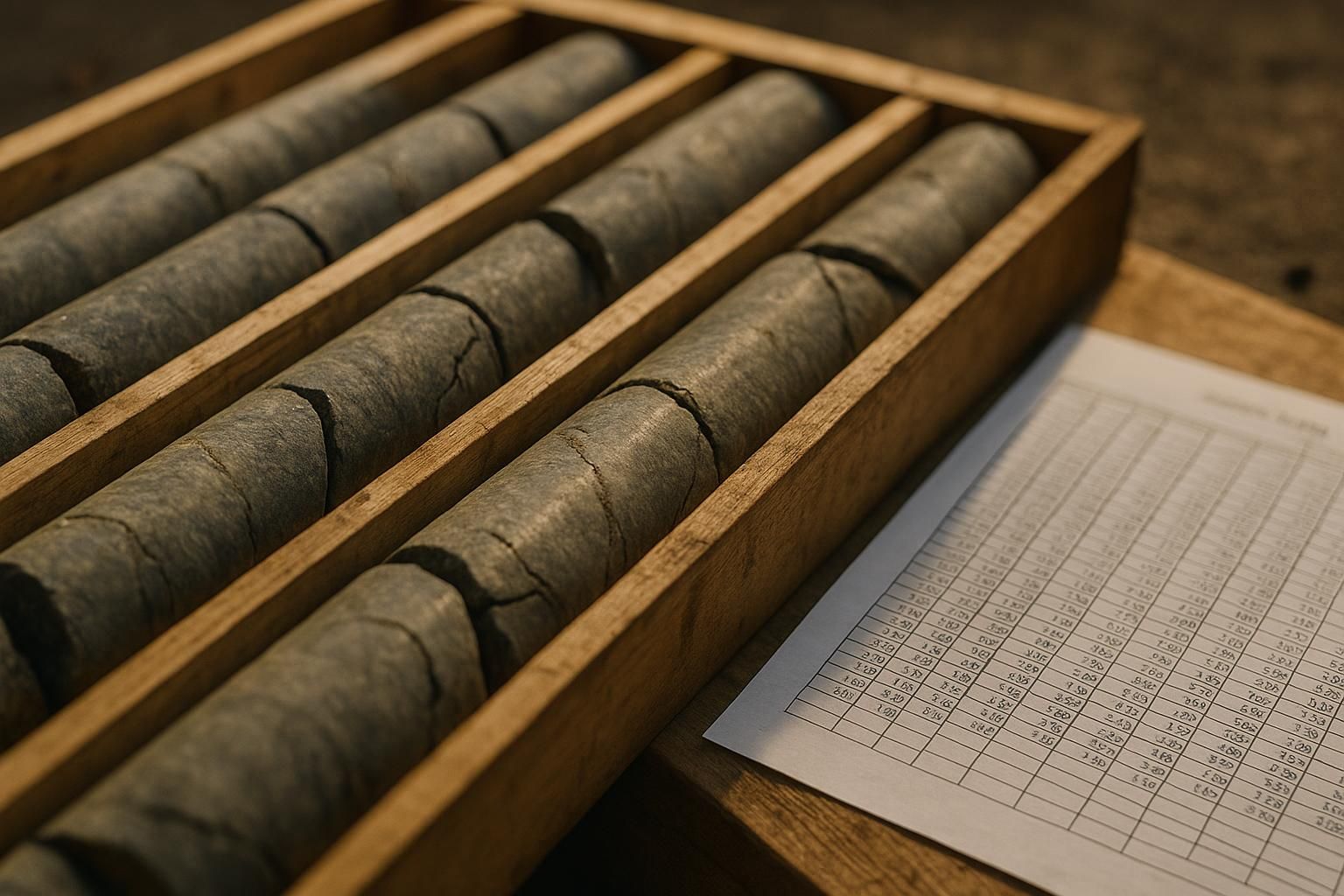 Rock drill-core samples in trays beside an assay data sheet